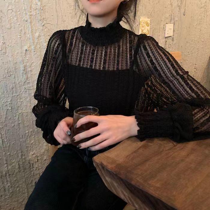 

Осенняя женская рубашка с полувысоким воротом Sweet Top Base Shirt из шифонового кружева S чёрный