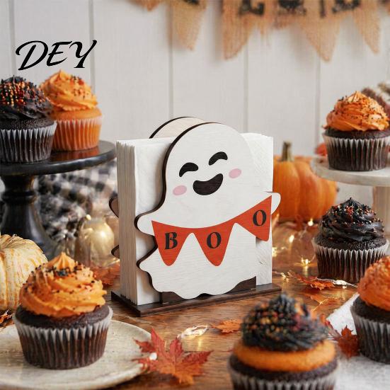Decorative Napkin Dispenser Halloween Ghost Wooden Holder, Cute Paper Towel Holder Stand, Freestanding Tissue Organizer for Home Kitchen Restaurant