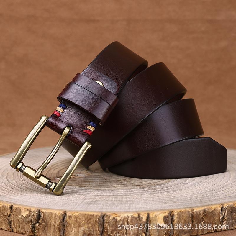3.8Cm Wide Fashion Trend First Layer Pure Cowhide Belt Men'S Genuine Leather Copper Buckle Smooth Belt