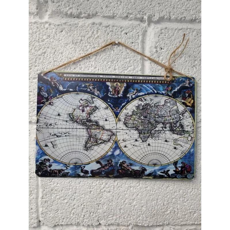 Vintage World Map Tin Sign, Antique Metal Wall Decor