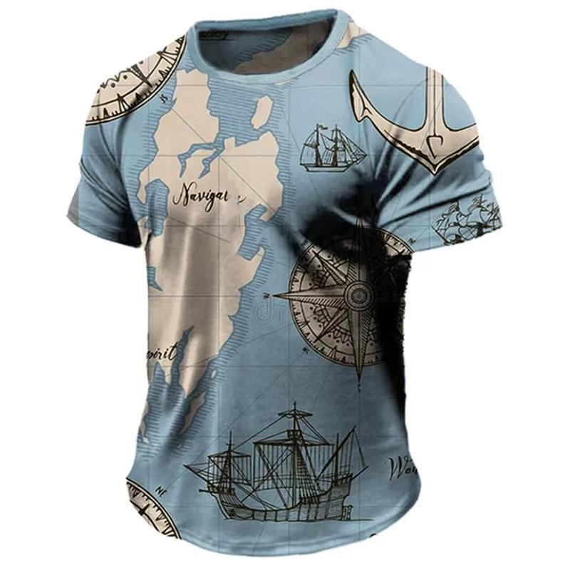 Vintage Compass Pattern T-Shirt For Men Navigation Map 3D Printed Tees Summer Fashion Casual Loose Street Tops O-Neck T Shirts