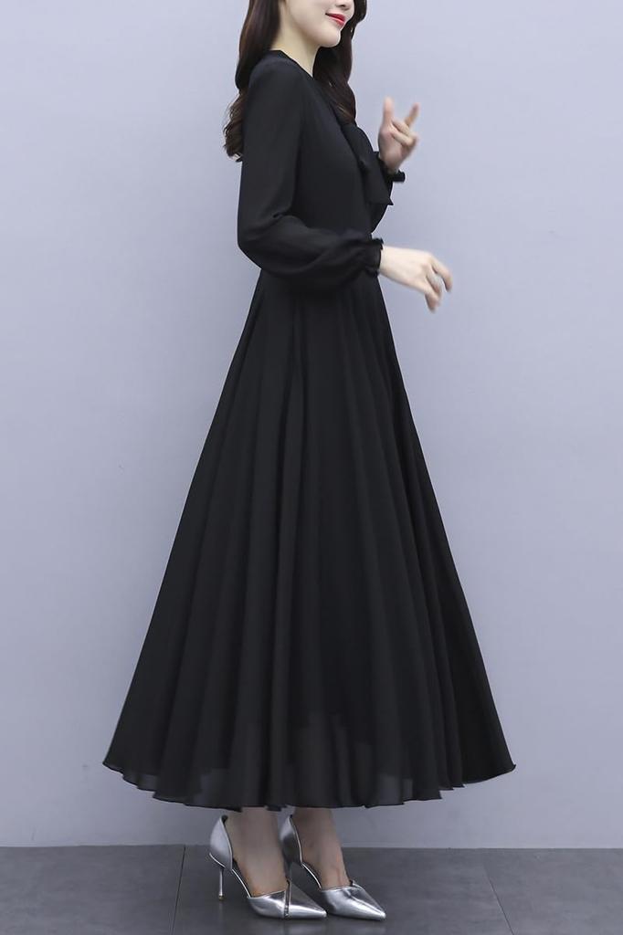 Long Chiffon Long Commuting [Chubikime] Dress, Sleeve, Women's, Spring, Summer, Autumn, A-Line, Simple, Solid, Ribbon, V-Neck, Elegant, Slimming,