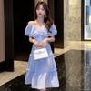 Elegantes Premium Sommer Französische Teepause Off-Shoulder Rüschen Maxikleid Lässiges Kleid für kleine Frauen