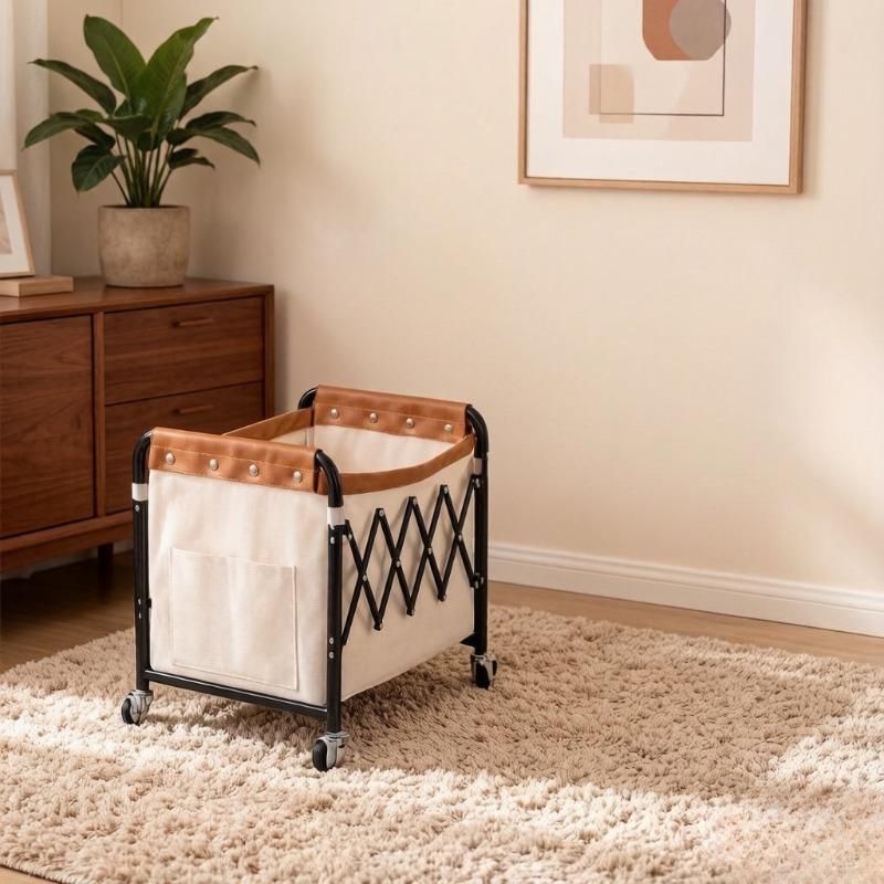 Foldable Telescopic Storage Trolley, Steel Pipe & Oxford Cloth Storage Basket, Canvas Storage Organizer