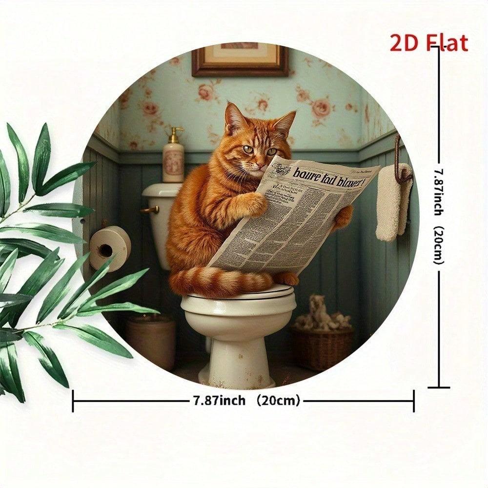 1pc 2D Round Aluminum Metal Sign Cat Reading Retro Wall Decor Humorous Bathroom Toilet Ornament Gift