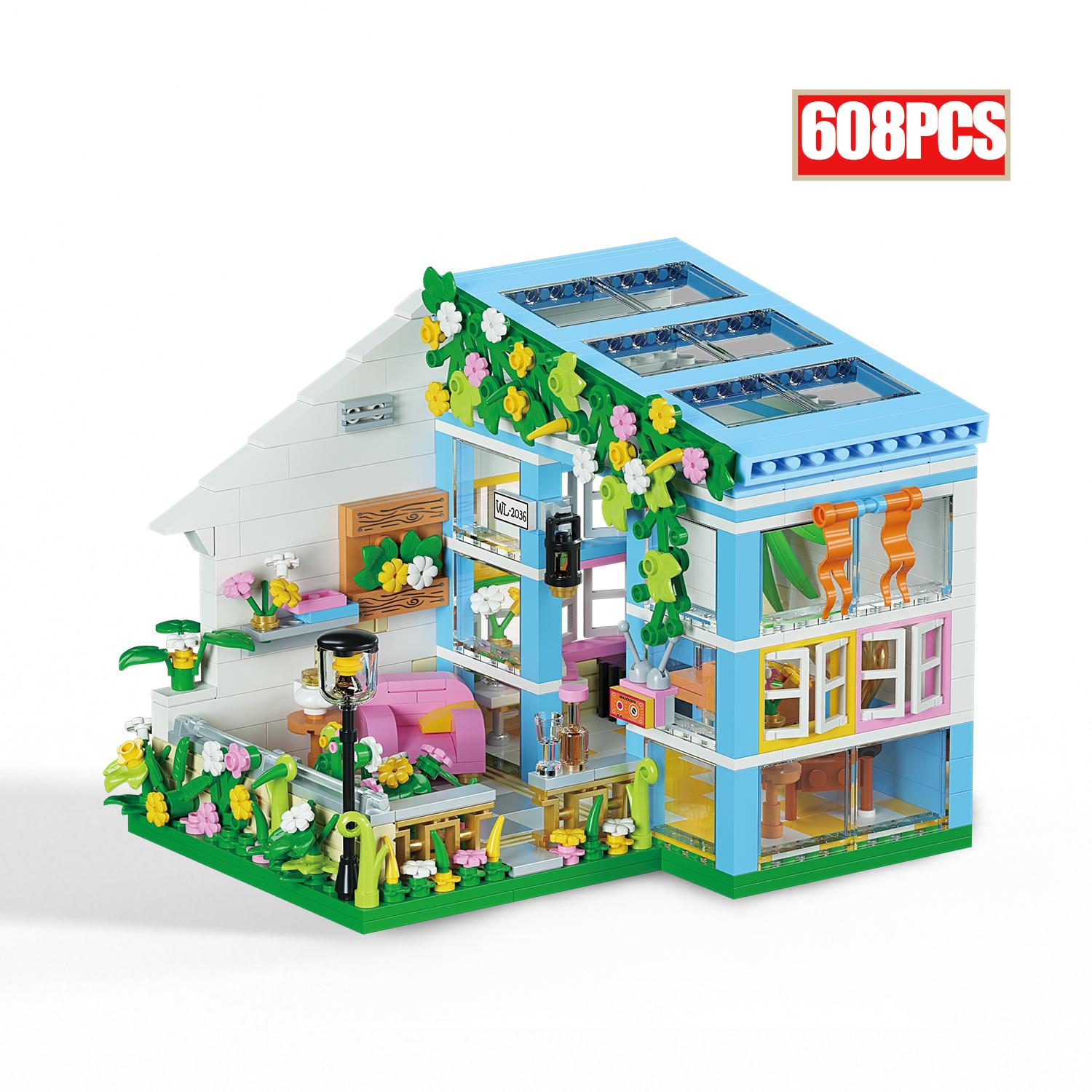 

Новый мини-набор, букет цветов, модель дома, строительные блоки MOC, вид на улицу, сказочный город, кирпичи в сборе, детские игрушки, подарки