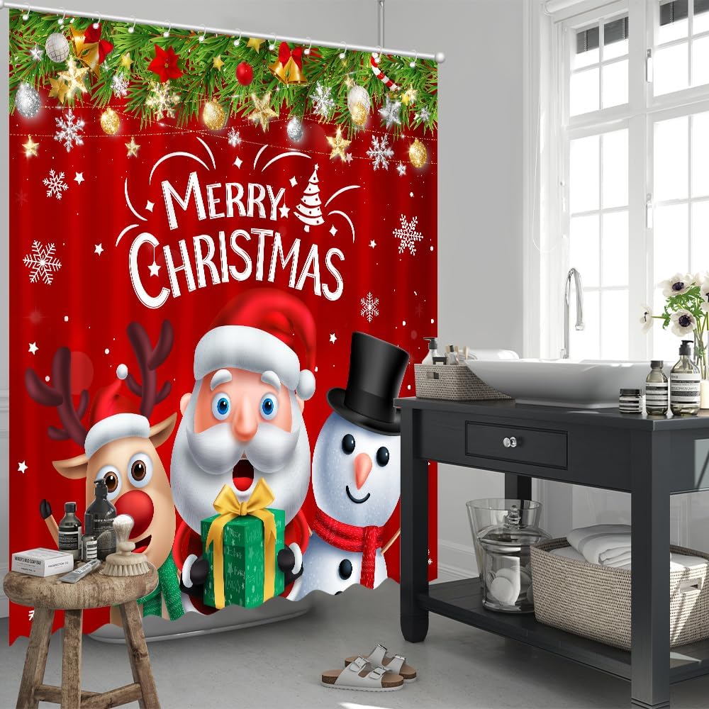 Merry Christmas Shower Curtain Santa Claus Snowman Reindeer Home Bathroom Decorations Xmas Gift Box Bathtub Curtain Set With