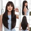 European and American Style Women Long Straight Wig with Blunt Bangs Front Lace Heat Resistant Synthetic Fiber Ombre Gray Wigs