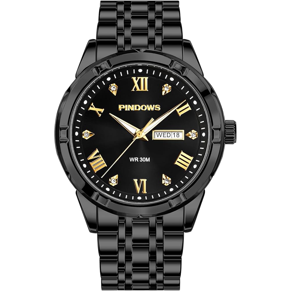 Pindows Men s Business Watch with Calendar, Date Display, Luminous Index, Quartz Analog, Stainless Steel, 3 ATM Water Resistant