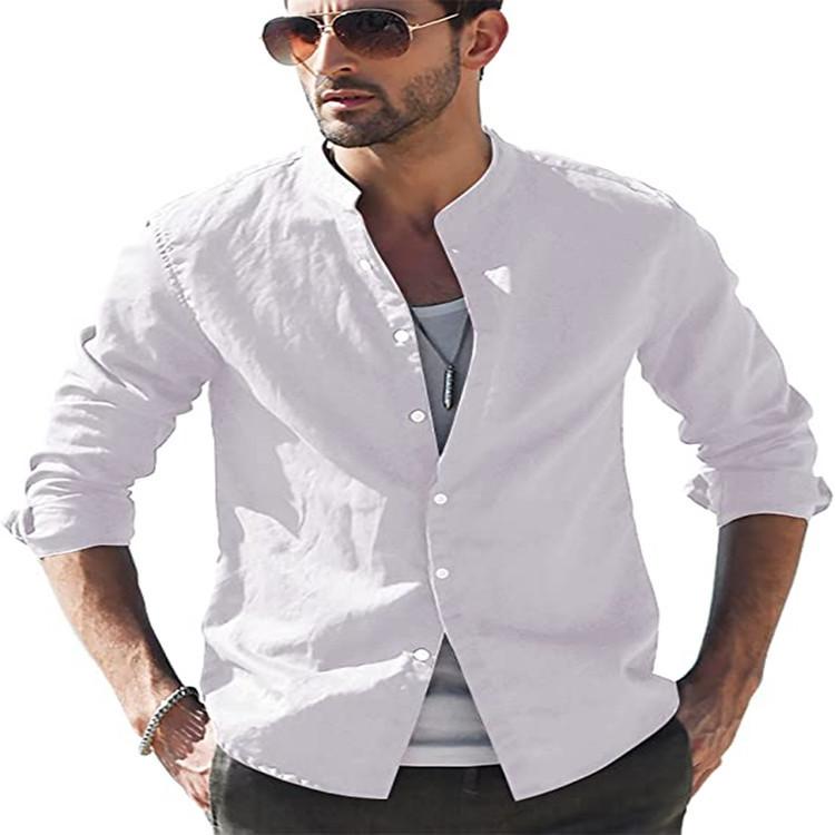 Mens Retro Casual Loose Long Sleeve Stand Collar Solid Shirt