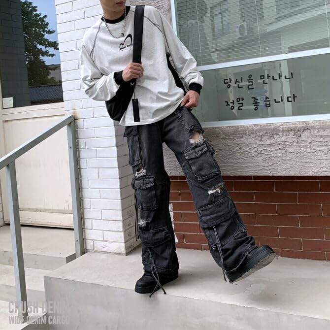 Arcade Distressed Denim Cargo Pants with Multiple Wide Loose Flared Size XL Black Men's Pockets, Leg, Fit, Denim, (LL),