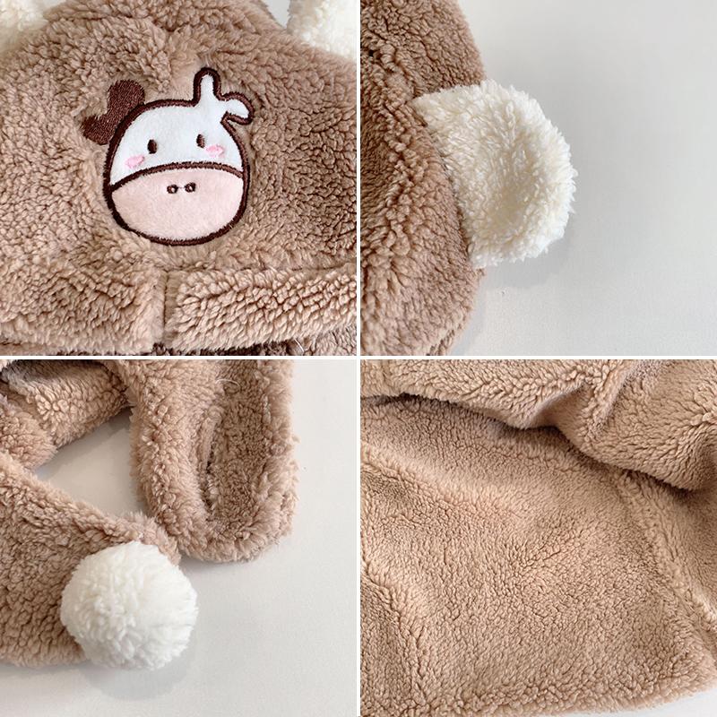 Winter Baby Scarf Hat One Piece Cute Cartoon Kids Plush Ear Protection Cap Boys Girls Warm Headgear Children Hooded Beanies