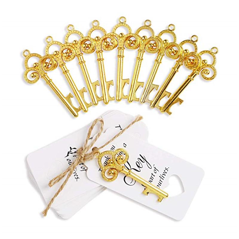 10pcs Gold Wedding Bottle Key Opener with Tag Antique Copper Bottle Key Opener Wedding Souvenir Decor Gift Party Favor Supplies