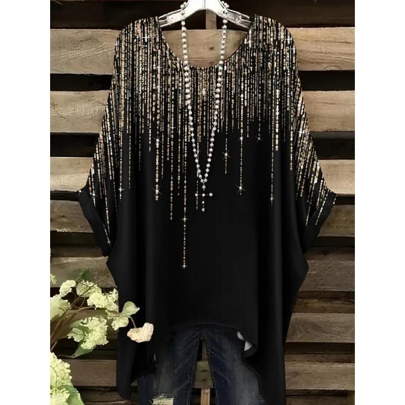 Damskie T-shirty Letnie Gradientowe Sequin Graficzne Topy Dekolt O-neck Damska Odzież Vintage Kwiatowy Nadruk Koszulki Luźne Oversize