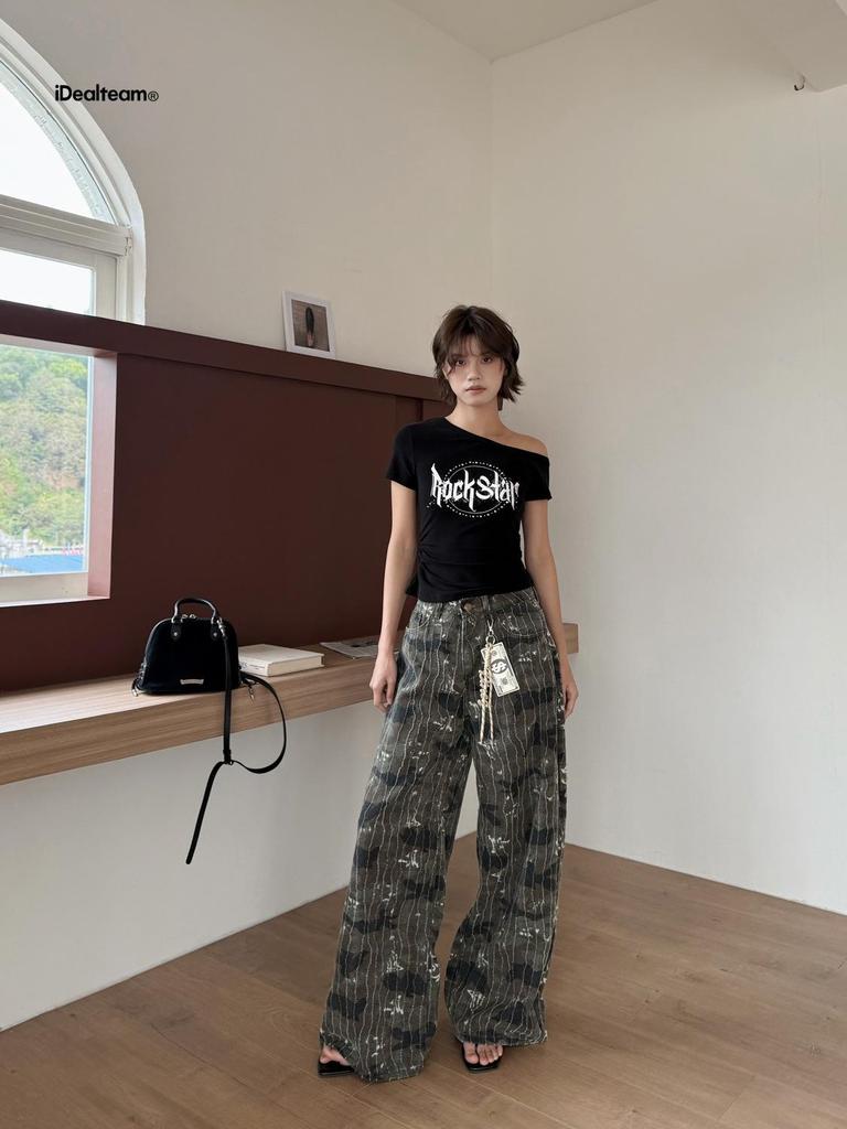 INSS 2026 Spring Women's Slimming Straight Leg Retro Camouflage Water Ripple Jeans