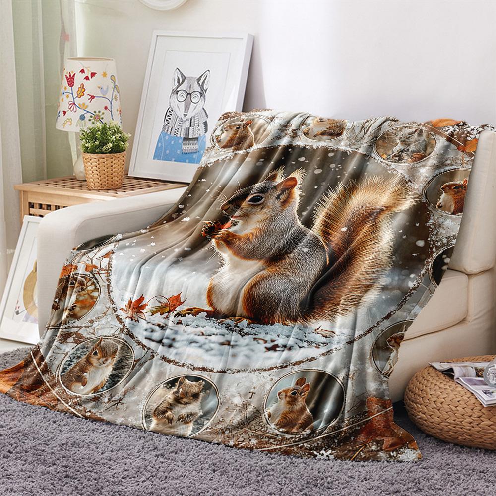 Squirrel Print Flannel Blanket, High quality Comfortable for All Seasons, Home Decor, Warmth and Comfort, Perfect for Christmas Gifts