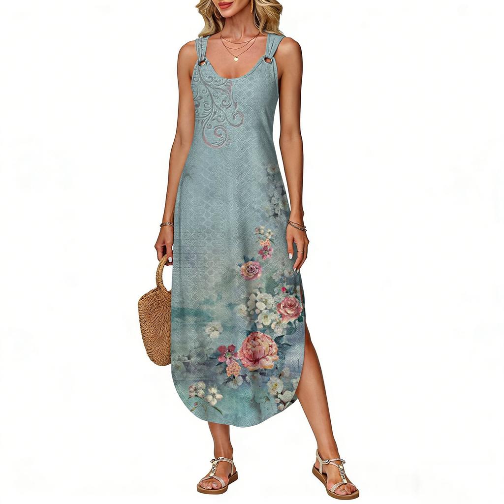 Women's summer long dress, sleeveless with side slits, long retro printed camisole dress