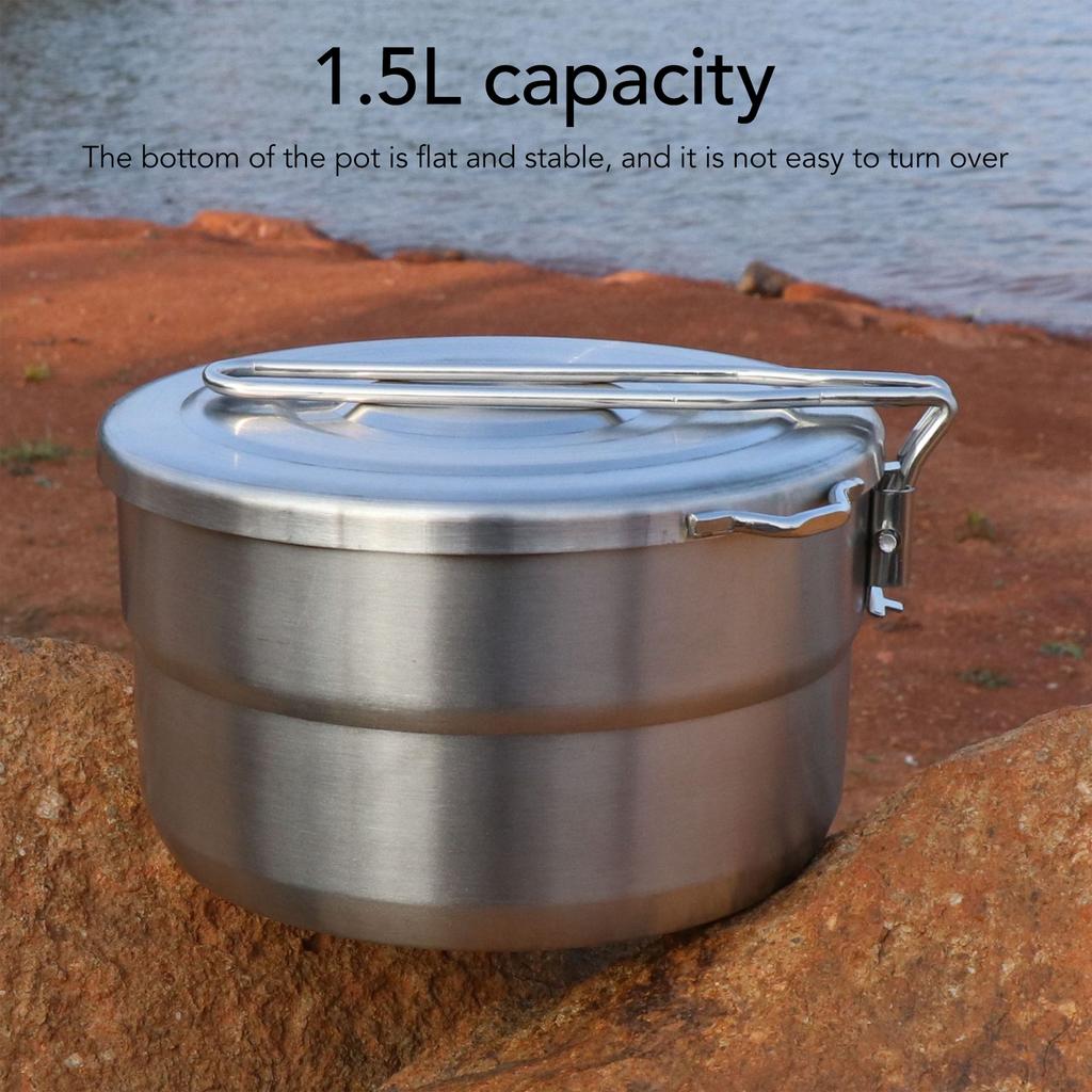 1.5L Camping Pot 304 Stainless Steel Folding Handle Stable Camping Cook Pot with Lid for Outdoor Mountaineering Hiking