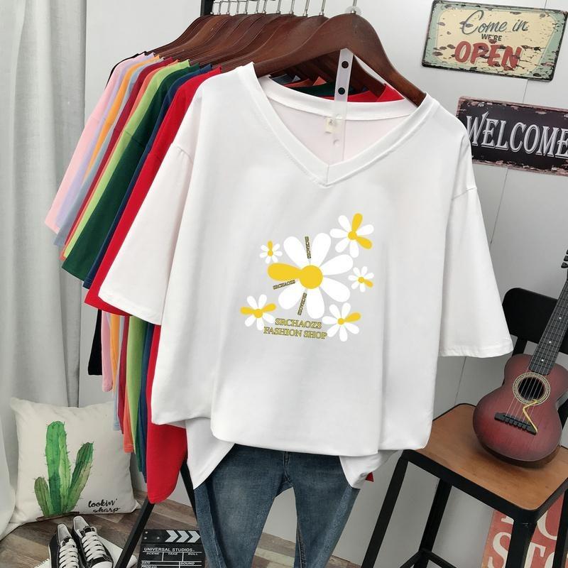 Short-sleeved T-shirt for Women, Large Size, Loose and Slimming, Printed V-neck Top