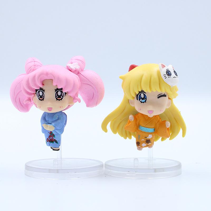 6PCS Anime Sailor MoonFigure Kimono Cartoon Figuarts Mini Kaiou Michiru Tomoe Hotaru Meiou Setsuna Playthings For Girls Model Dolls