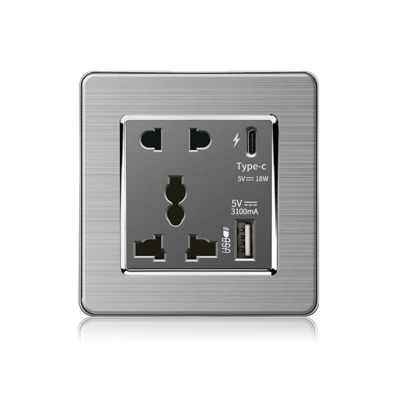 18W Type-C Fast Charging Universal 5-pin Dual Power Socket,Stainless Steel  Electrical Outlet with DC 5V 3.1A Type-c USB Charger