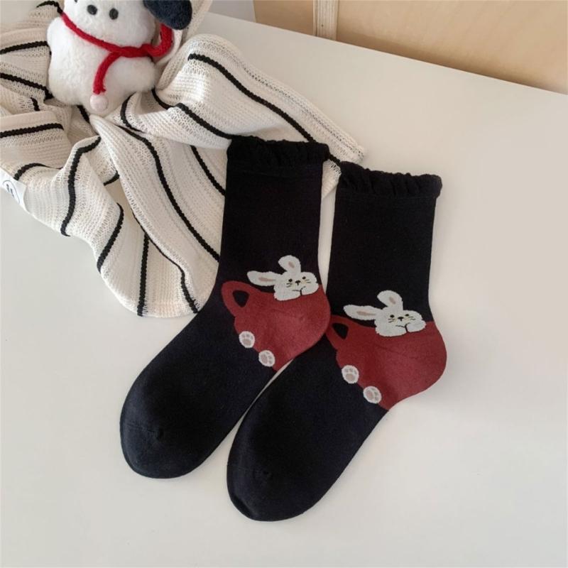 Fashionable Middle Calf Socks with Cartoon Animal Designs in Soft Cotton Bubble Cuffs Crew Socks Hosiery for Women Teens