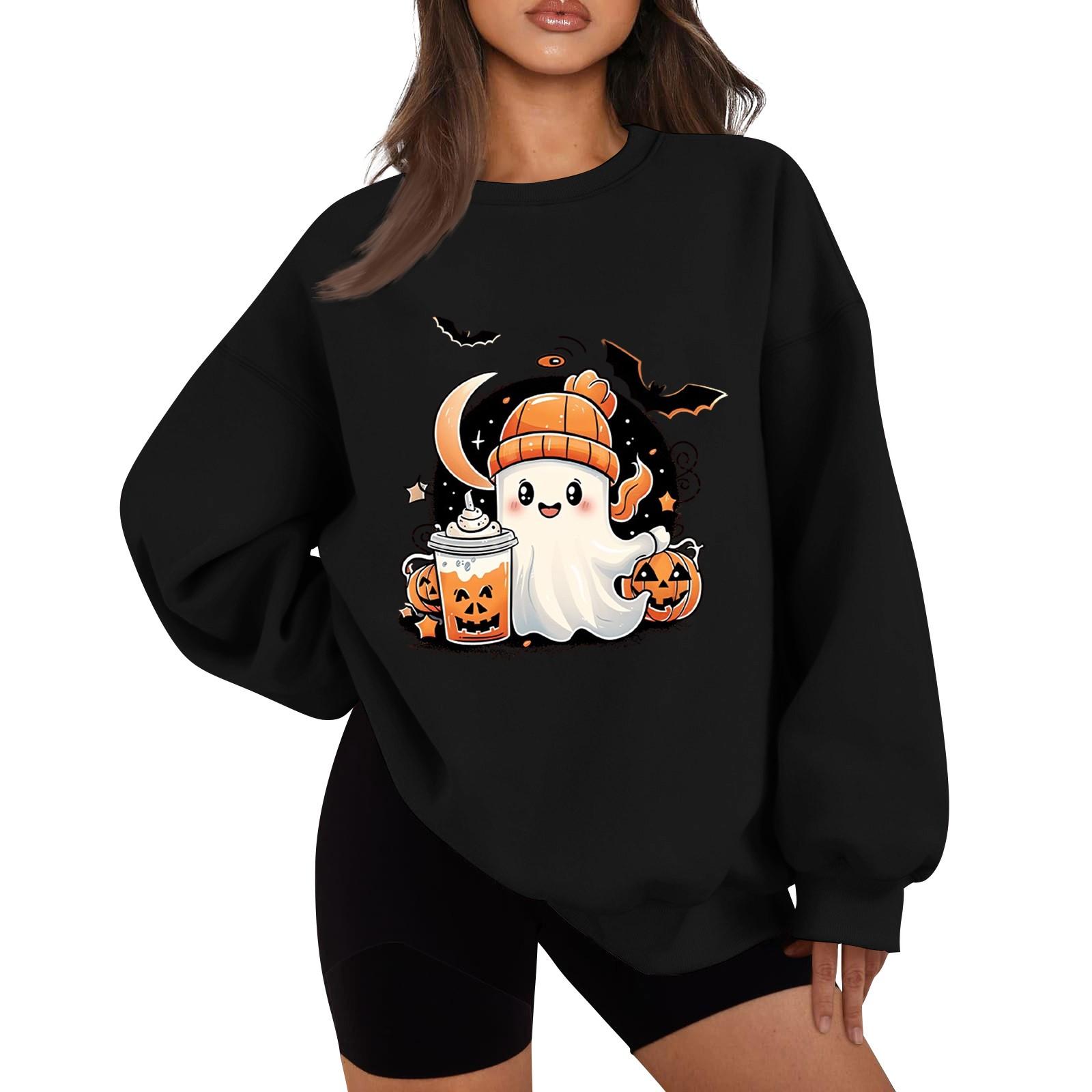 

Жіночі повсякденні модні світшоти з принтом на Хеллоуїн з довгими рукавами та круглим вирізом Пуловер Топ M чорний