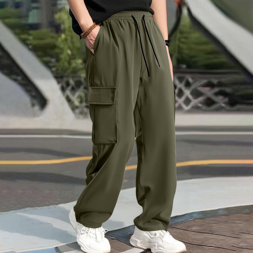 Men's Loose Casual Multi-pocket Work Pants, Youth Stretch Waist Drawstring  Pants