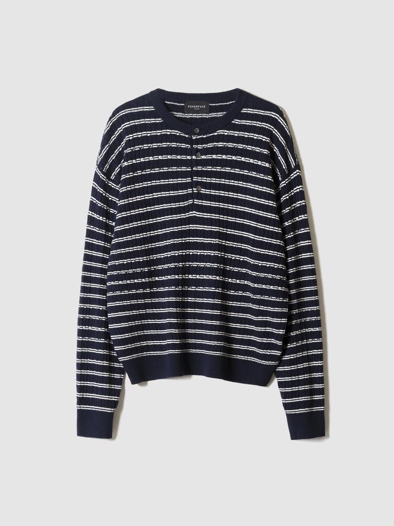 Pokeopeiseu Cable Stripe Henley Neck Knit Navy