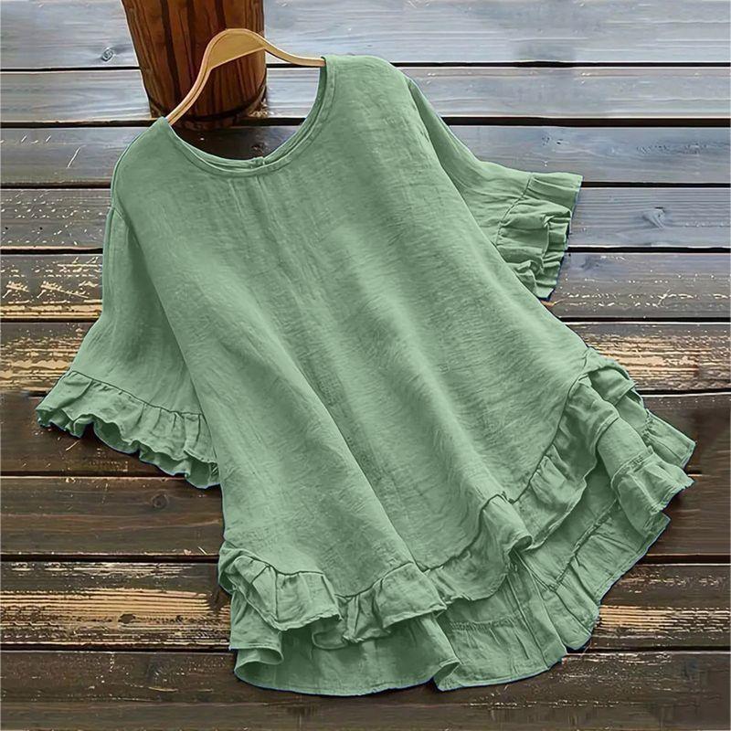 Loose Ruffled Short-Sleeve Top Solid Loose Ruffle Sleeve Short Sleeve Button Top