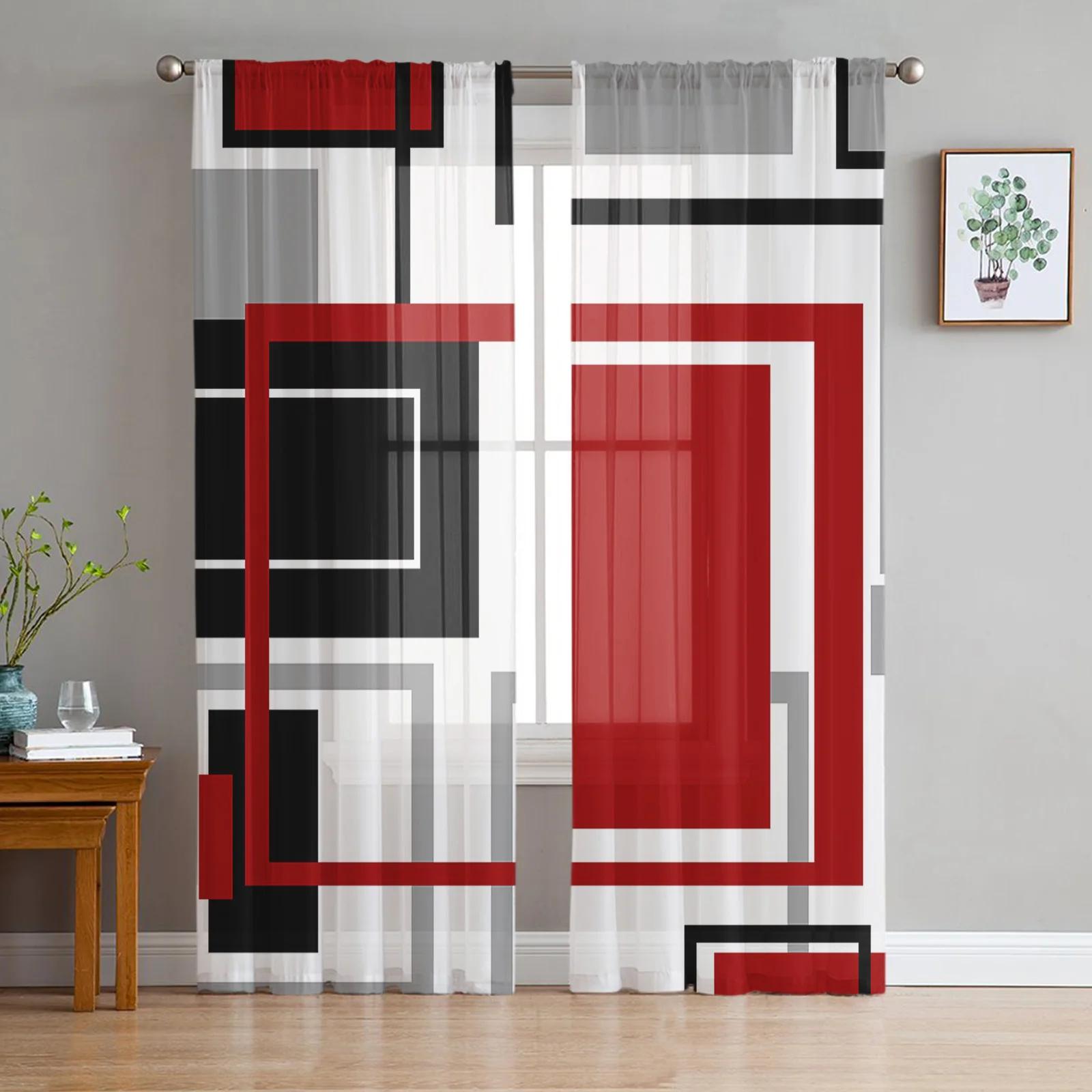 Rot Schwarz Grau Geometrische Küchenvorhänge Stangentasche Abstraktes Quadrat Zeitgenössischer Stil Küchen Dekoration Weiß Mehrfarbig Kariertes Muster 2x50W100H(CM)&hook