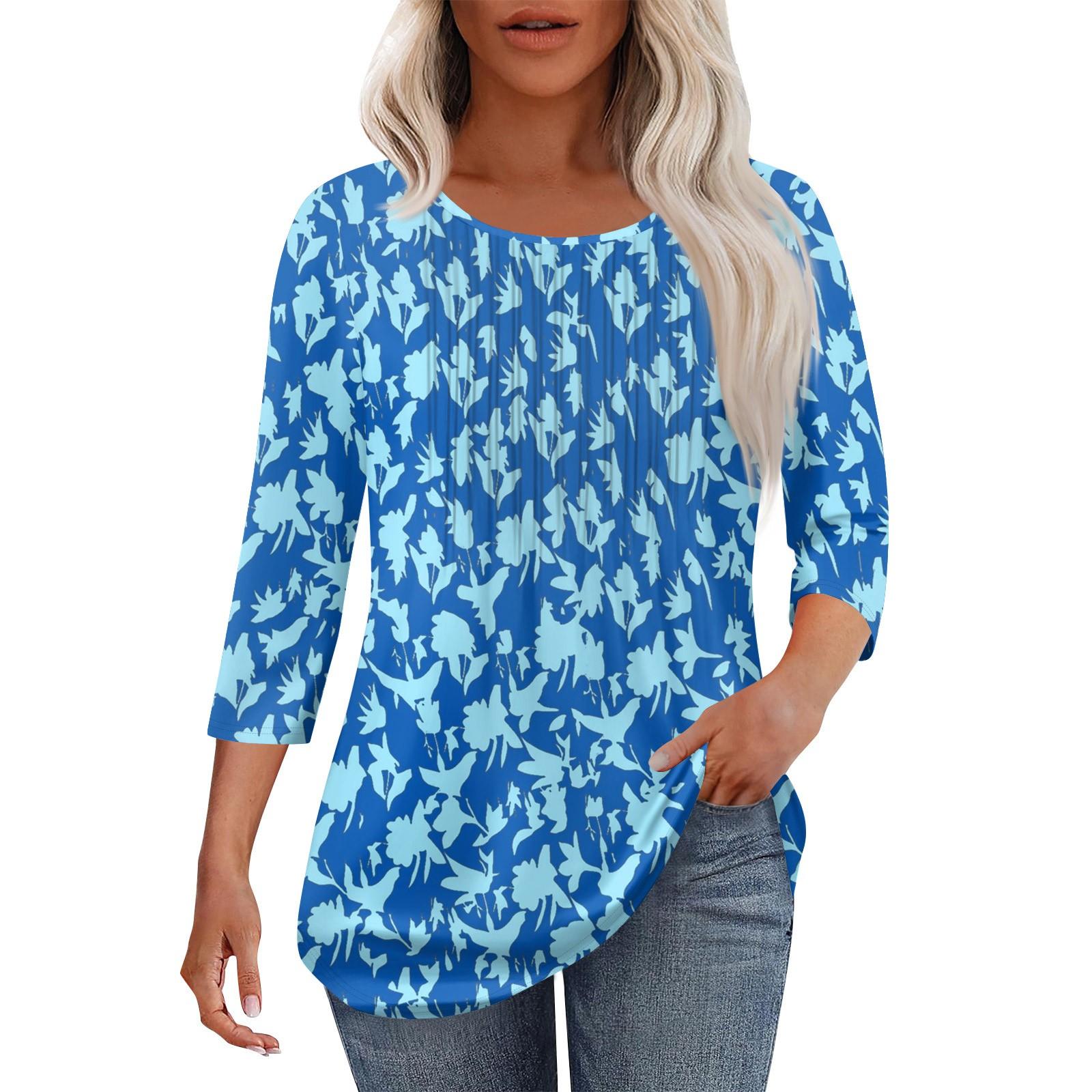 

Women s Fashionable Casual Pleated Round Neck Casual Floral Print Seven Quarter Sleeved T-shirt Top S