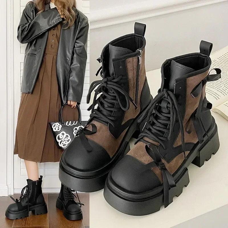 Fashion Women's Boots Thick Soles  Cowboy Boots British Style Retro Breathable Platform Lace-up Bow Zipper Motorcycle Boots Shoe