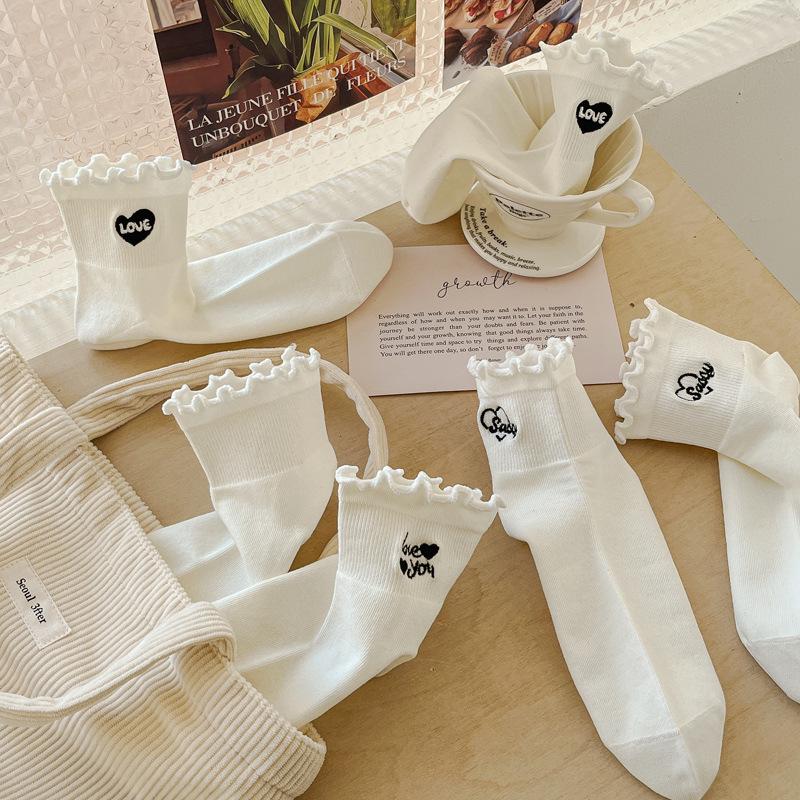 Spring Socks for Women Short Calf Black and White Mushroom Edge Solid Color Mid Calf Socks Embroidered All In One Machine Cotton Socks Thin Style