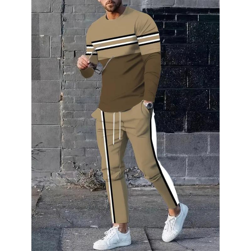 

Мужской повседневный костюм-двойка с геометрическим принтом - стильная футболка с круглым вырезом, дышащие удобные брюки на шнурке M