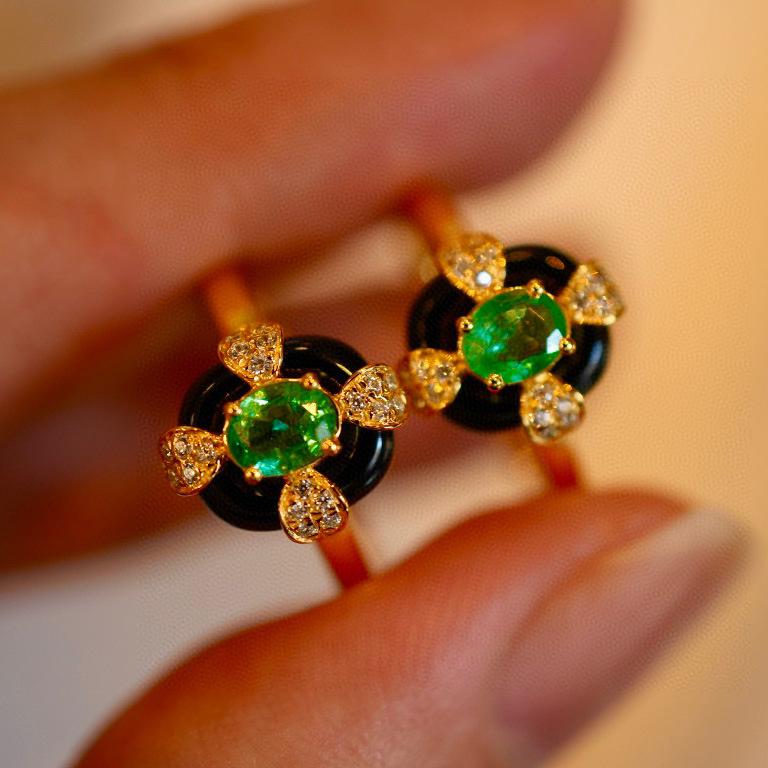 

French Retro Black Agate-Style Emerald Open Ring