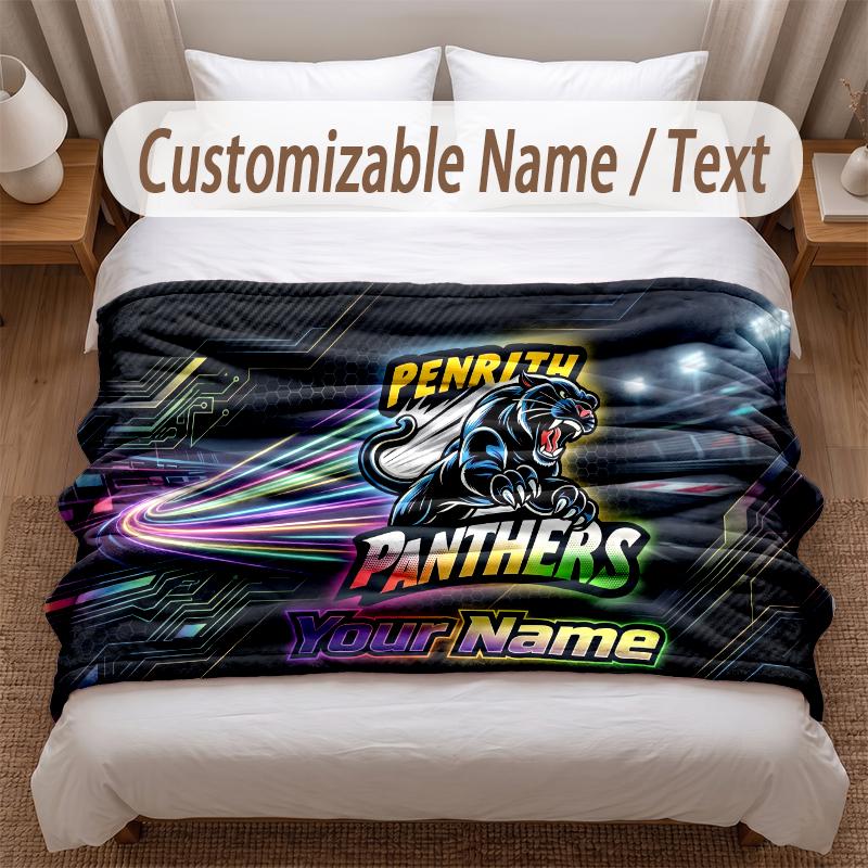 Penrith Panthers Printed Flannel Blanket Custom Name Text Soft Warm Throw For Bedroom Holiday Gift
