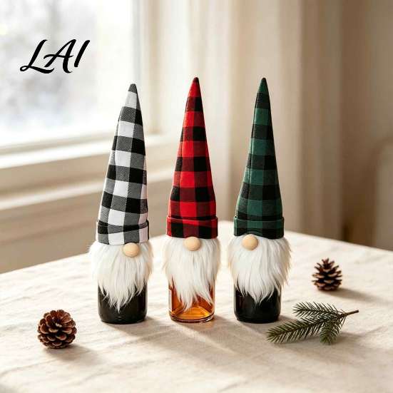 Flexible Plaid Fabric Covers Christmas Wine Bottle Cover Fluffy Artificial Beards Decor Gnome Seasonal Accessories Toppers for Holiday Table