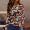 Women's Fashion Casual Slit Hem Round Neck Long Sleeve Loose  Printed T-Shirt Ladies Top