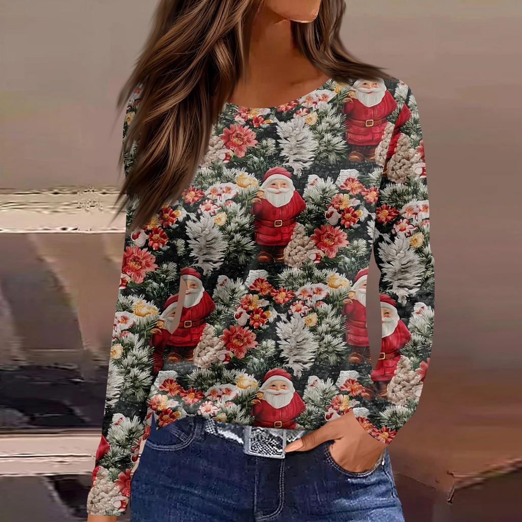 Women's Fashion Casual Slit Hem Round Neck Long Sleeve Loose  Printed T-Shirt Ladies Top