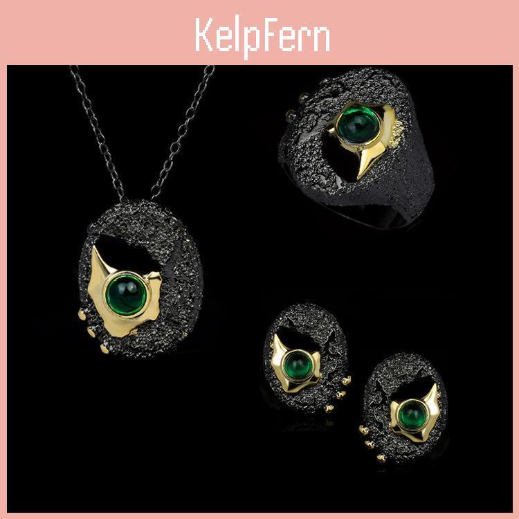 Black Three Jewelry Piece Gold Set With Emeralds And Gemstones