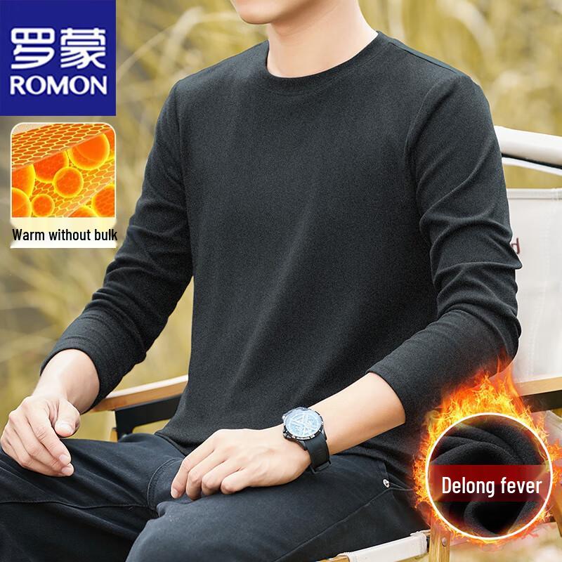 Romon Men's Fleece-Lined Long Sleeve Round Neck T-Shirt
