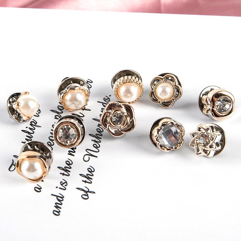 10Pcs Button Brooch Set  Pearl  Pin Coat Clothes Accessories