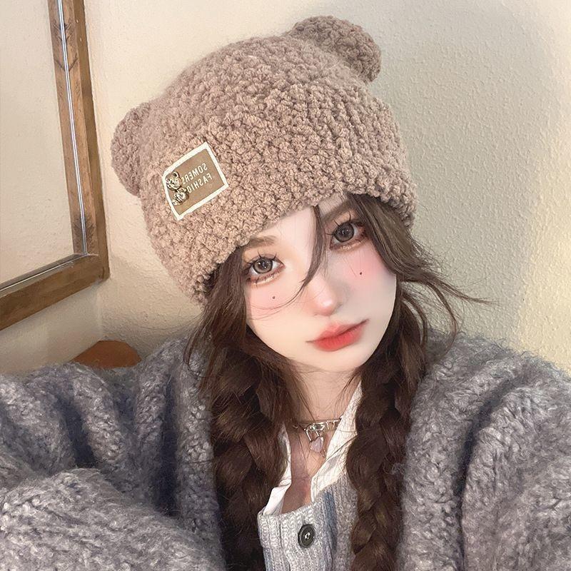 Autumn and winter thickened soft waxy warm cold ear protection cold hat metal cute bear plush knitted versatile model