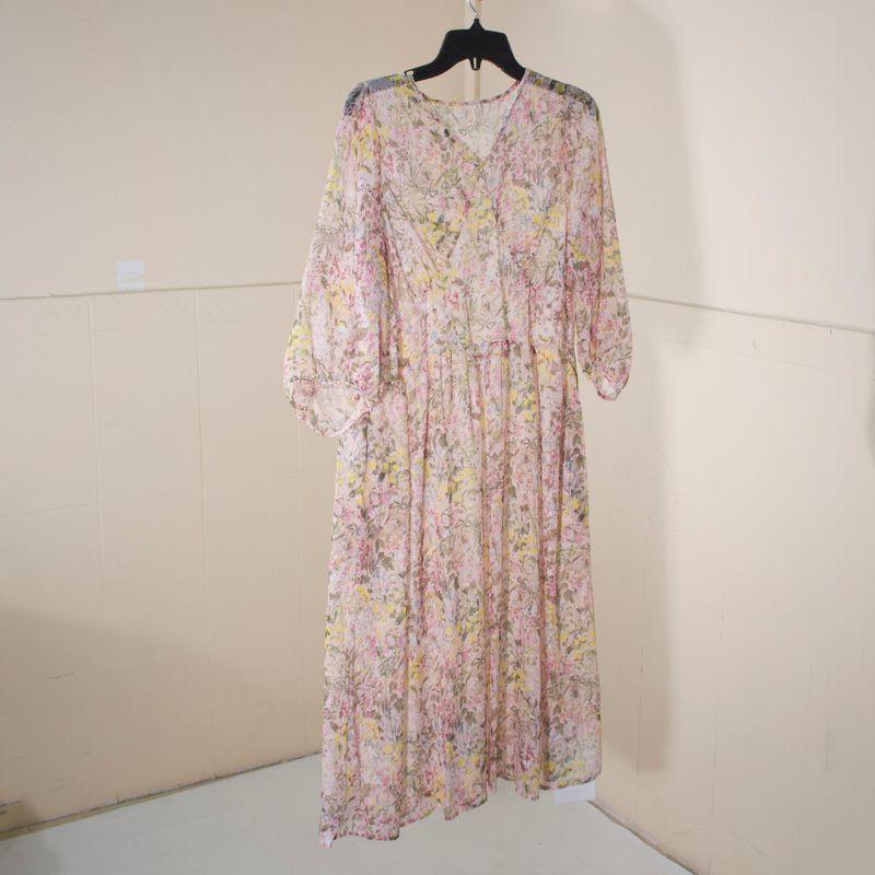 

Independent Designer Brand Clear Cool Puff Sleeves V Neck Dress Pink Print XL
