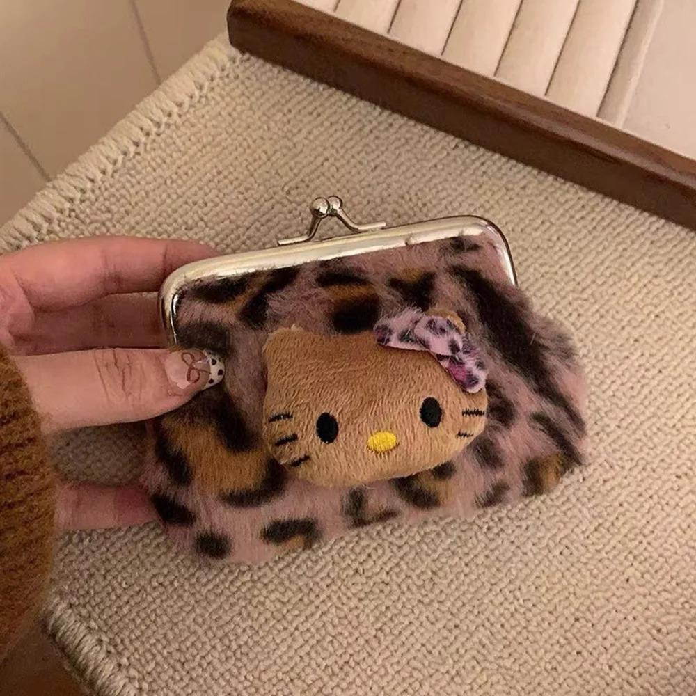 Cute Fresh and Sweet Kitty Leopard Print Coin Purse Plush Carry Bluetooth Headphone Bag KT Cat Makeup Bag Storage Bag
