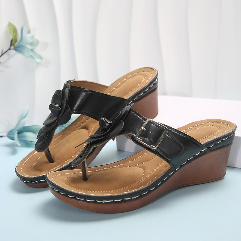 Fashion Flower Clip Toe Wedges Sandals Women Summer Plus Size 36-43 Thick Sole Slippers Woman Lightweight Vacation Beach Flip Flops