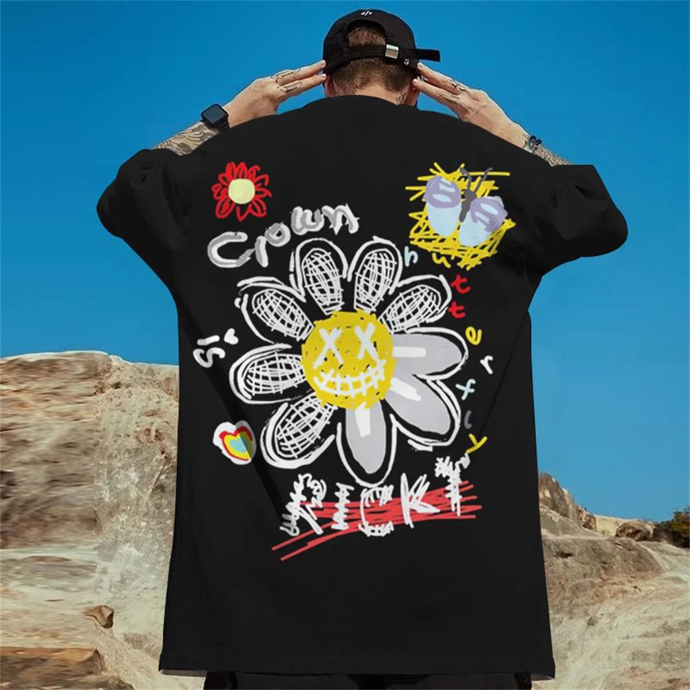 Daisy Print Men's T-shirt New Trend Short Sleeve Men's Summer Casual T-shirt Oversized Street Hip Hop Men's Clothing Top