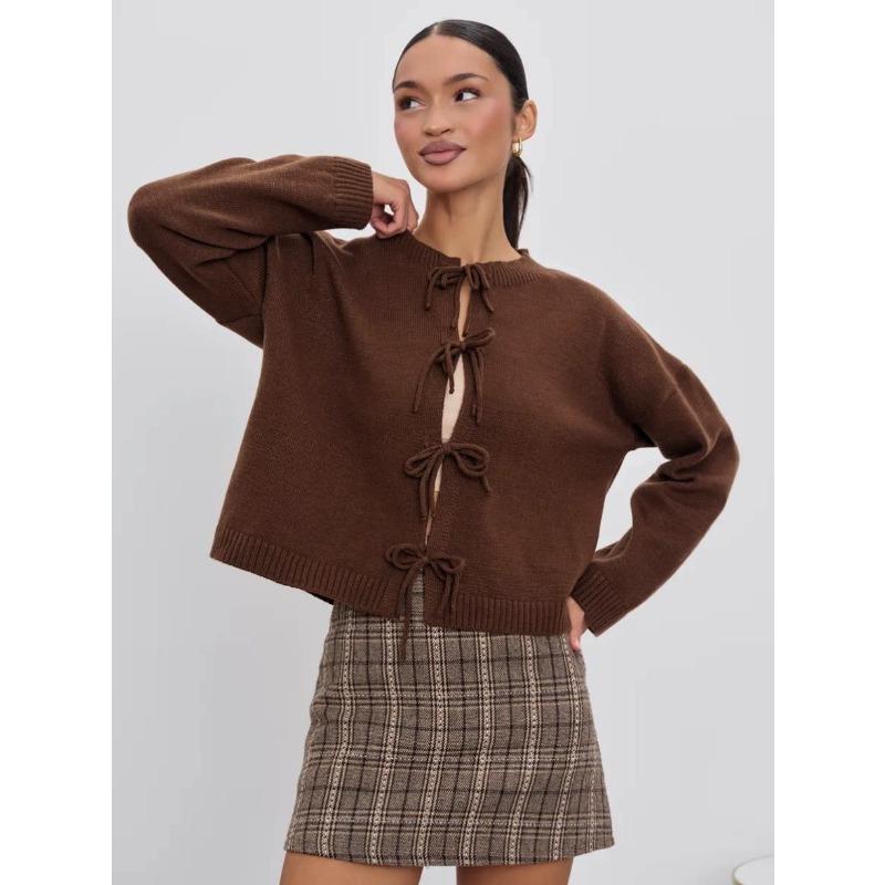 Autumn and Winter Women's Casual Loose Cardigan Lace-up Solid Color Knitted Sweater