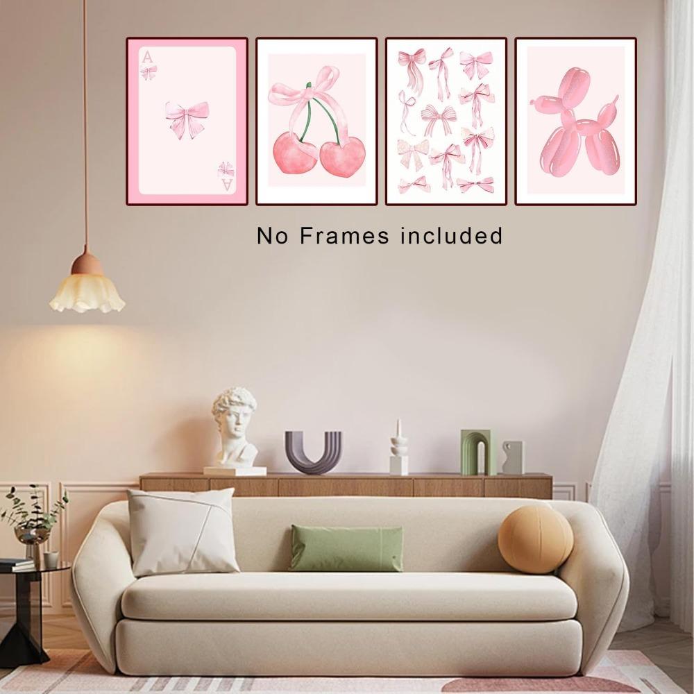 4 Stück Rosa Schleife Kirsche Discokugel Poster Wanddekoration, Niedliche Ballonhund-Poster, Mädchenzimmer Dekoration Rosa Fotos Ungerahmt